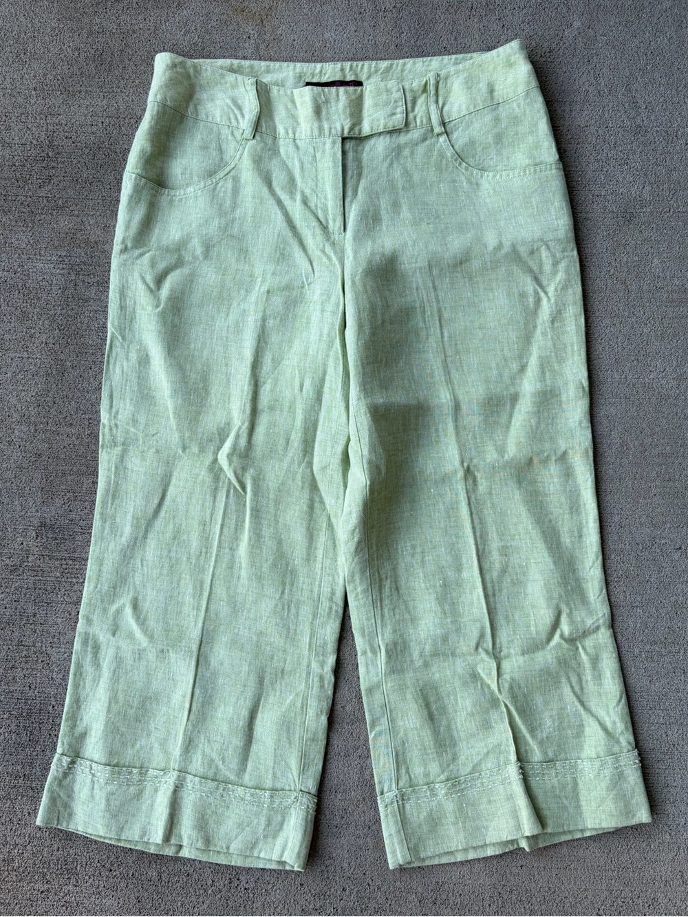 Vintage 90s Willi Smith green bedazzled linen capri wide leg pants cropped pant
